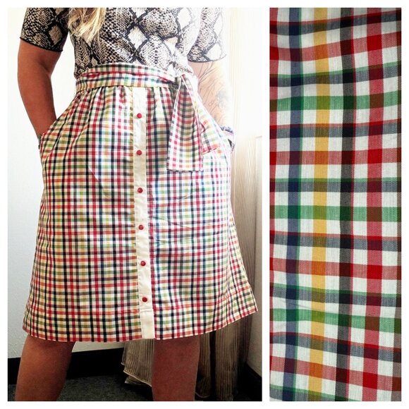 Vintage 70s Sir James Bright Plaid Picnic Elastic Waist A Line Skirt| Size M/L - Picture 1 of 10